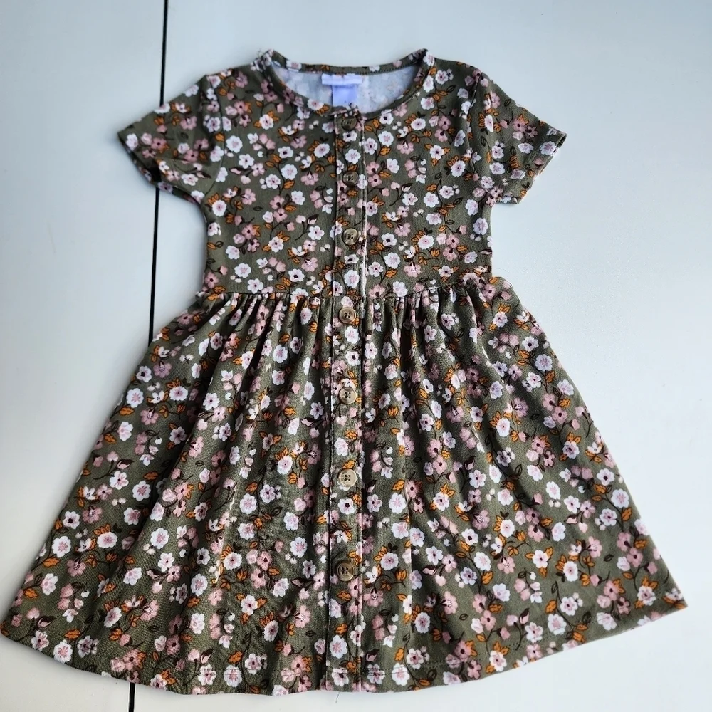 Little Lass Green and Pink Casual Dress with Short Sleeves and Crew Neck